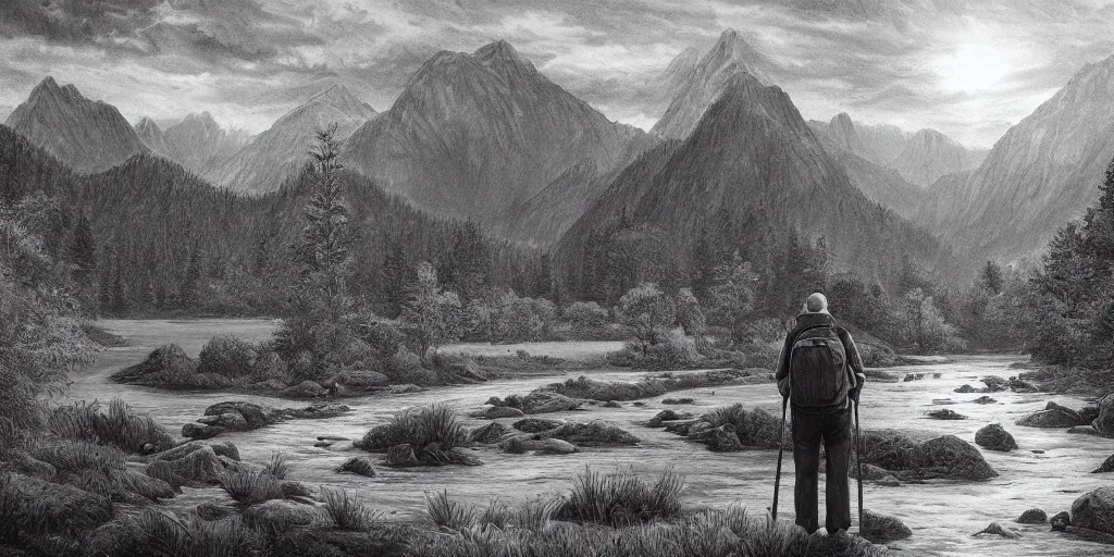 Prompt: A majestic landscape featuring a river, mountains and a forest. There is an old man standing, wearing a backpack and staring at the sunset. Cinematic, very beautiful, pencil drawing