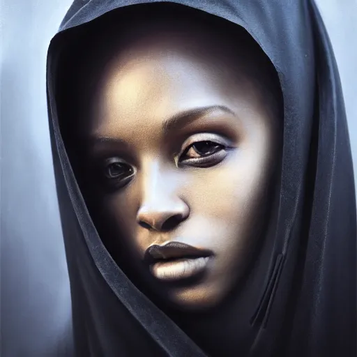 Image similar to a portrait of a young black woman wearing a long dark cloak, hood and shadows covering face, anatomically correct, beautiful perfect face, enigmatic, oil painting, matte painting, black background, Volumetric dynamic lighting, Highly Detailed, Cinematic Lighting, Unreal Engine, 8k, HD, by Beksinski