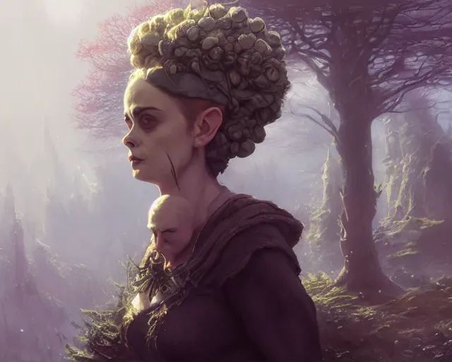 Image similar to highly detailed portrait of helena bonham carter as a bald elf, in skyrim, stephen bliss, unreal engine, fantasy art by greg rutkowski, loish, rhads, ferdinand knab, makoto shinkai and lois van baarle, ilya kuvshinov, rossdraws, tom bagshaw, global illumination, radiant light, detailed and intricate environment