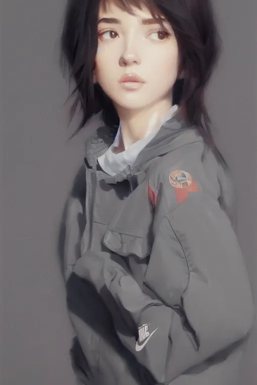 Prompt: A ultradetailed beautiful panting of a stylish girl wearing an oversized Nike jacket, Oil painting, by Ilya Kuvshinov, Greg Rutkowski and Makoto Shinkai