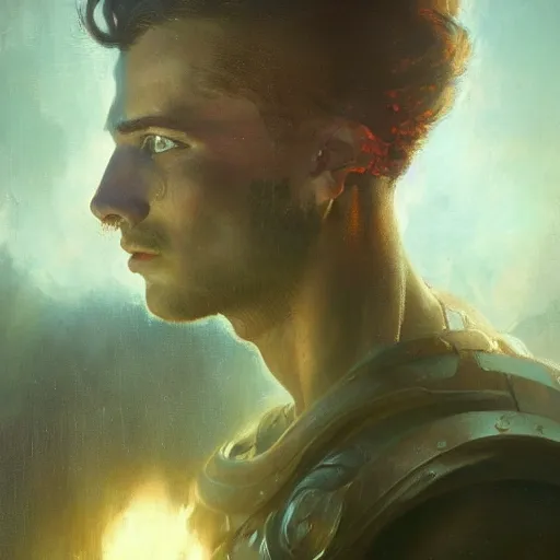 Prompt: handsome portrait of a young guy fitness posing, war hero, radiant light, caustics, volumetric plasma encircling background, by gaston bussiere, bayard wu, greg rutkowski, giger, maxim verehin