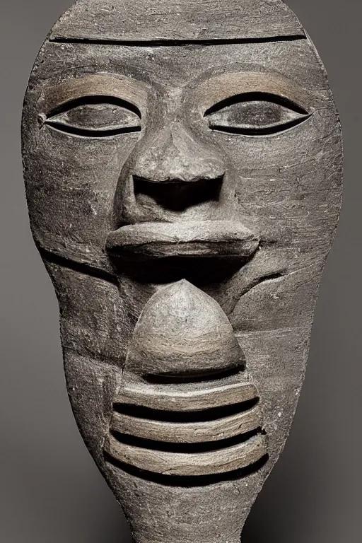 Image similar to a beautiful closed up with bokeh, of a beautiful crafted and rendered, abstract, black, grey porcelain sculpture, that is turning and twisting itself inside, rotated, there is almost a face i there, Egypt, African, mask, hyperrealistic and high details and minimalistic ornaments