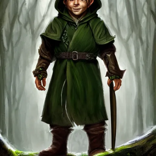 Image similar to a portrait of a hobbit rogue wearing a dark green hood and a cloak in the forest, wearing adventure gear, holding a sword, ultra realistic, detailed, masterpiece, short brown hair, clean shaven, by Tony Sart and Randy Vargas, trending on ArtStation