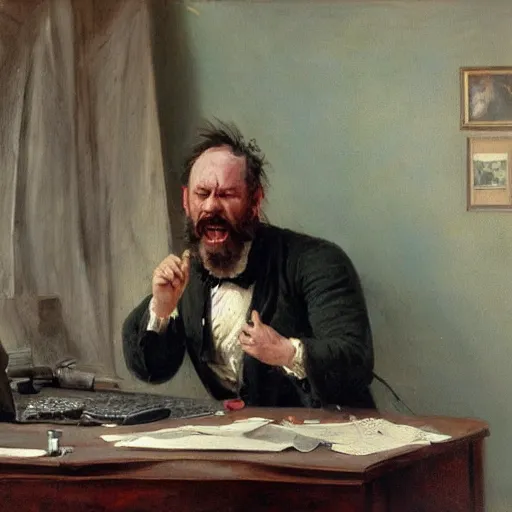 Image similar to an angry man yells at his computer monitor, oil on canvas, 1 8 8 3, highly detailed