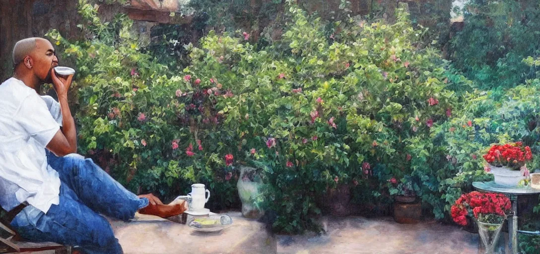 Prompt: kayne sipping tea, garden in the background, aged oil painting by le pho