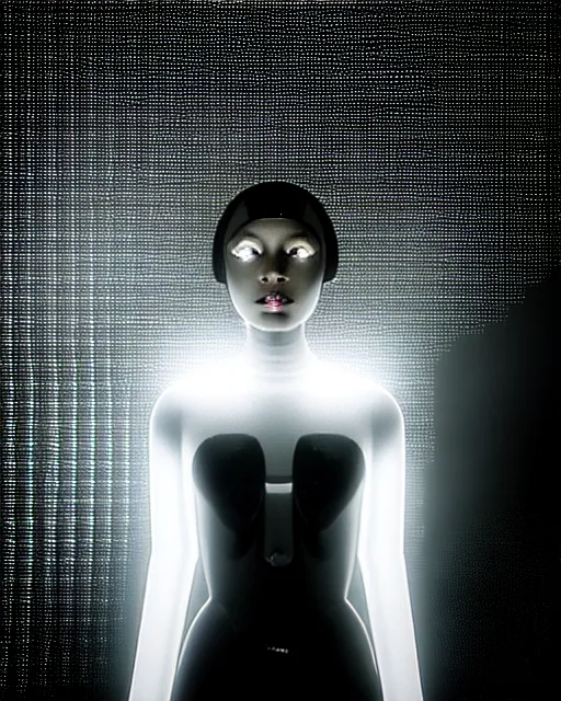 Prompt: black and white high quality photo of a beautiful futuristic dancing female human-AI-queen-insect-looking into a sci-fi mirror:: volumetric lighting, liminal space, brutalism, foggy, dreamy, hyperdetailed, bokeh, photorealistic, cinematic, masterpiece, Metropolis, elegant, dark, octane render, 8K, by Man Ray in the style of Dora Maar