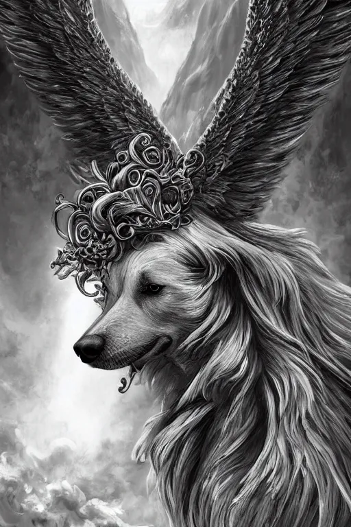 Image similar to a dog as god with a radiant halo, wings, detailed face, gorgeous, flowing hair, very muscular male body, partial anatomy, stormy and grand war scene, delicate and intricate borders for decoration, caesar victorious, proud Emperor, crepuscular ray, intricate, highly detailed, 8K, digital painting, fantasy, concept art, sharp focus, over-shoulder shot, illustration, art by greg rutkowski beeple and alphonse mucha