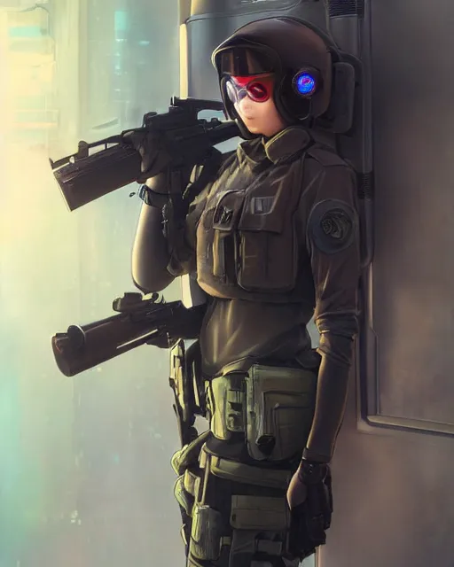 Image similar to anime key visual of a young female swat officer, neon, gas mask, cyberpunk, futuristic, stunning, highly detailed, digital painting, artstation, smooth, soft focus, illustration, art by artgerm and greg rutkowski and alphonse mucha