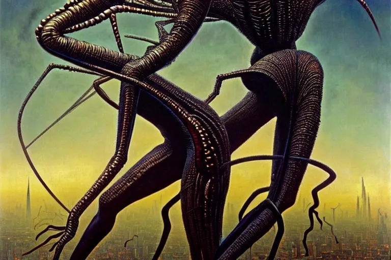 Prompt: realistic detailed portrait movie shot of a beautiful black woman riding a giant spider, dystopian city landscape background by denis villeneuve, amano, yves tanguy, alphonse mucha, max ernst, ernst haeckel, kehinde wiley, jean delville, david lynch, roger dean, cyber necklace, rich moody colours, sci fi patterns, dramatic, wide angle