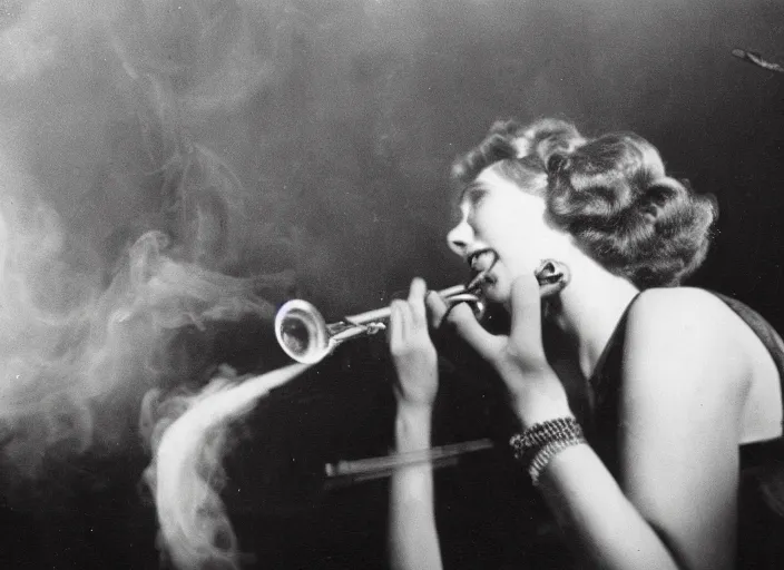 Image similar to a close up photograph of a singer on stage, with her back behind her, 1 9 3 0 s jazz club, smoke - filled room