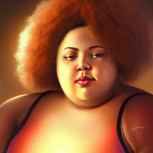 Prompt: beautiful oil painting of a fat mixed woman with an afro, beautiful eyes, artstation, volumetric lights, highly detailed, concept art, sharp focus, beautiful face