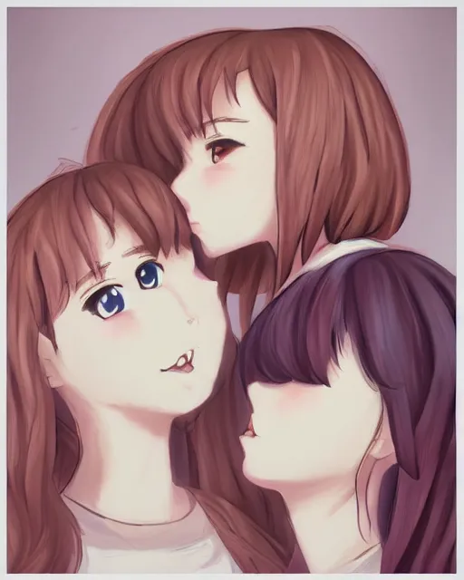 Image similar to portrait of two girls kissing, anime, trending on Artstation