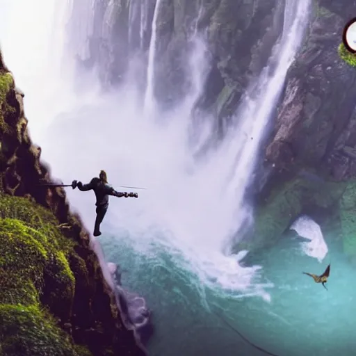 Image similar to man with sword jump of the cliff in front of the waterfall, dragons flying around, anime, realistic shot, nature, animal planet, superhero