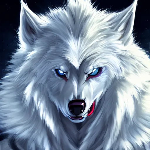 Image similar to art of white wolf fursona, profile picture, highly detailed anime artwork, Falvie, pixiv, furaffinity, DeviantArt, trending on artstation