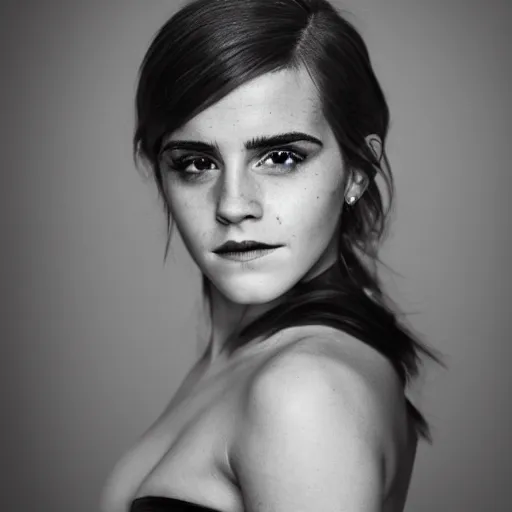 Prompt: A portrait of Emma Watson as a drag queen, depth of field, 50mm lens, studio lighting, high contrast