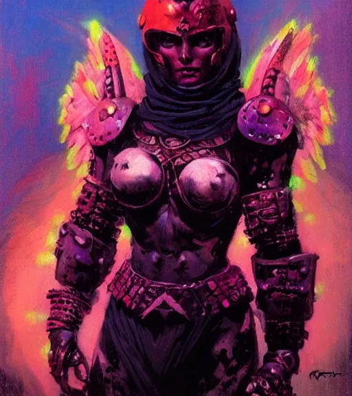 Image similar to portrait of strong iranian female chaos angel, beautiful! coherent! by frank frazetta, by brom, strong line, vivid neon color, shining metal power armor, iron helm, high contrast, maximalist