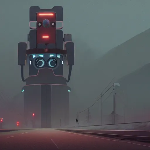 Prompt: the return of the machines, artwork by Simon stalenhag, deserted road with large robotic entity looming over in the distance, light fog, dusk