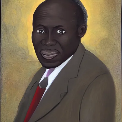 Prompt: a painting of a fatherly, aquiline nose, wide forehead, round face, XXL , loving, caring, generous, ever-present, humble, wise elder from Kenya with a friendly expression in a suit by Wangechi Mutu . Fatherly/daddy, focused, loving, leader, relaxed,. ethereal lights, details, smooth, sharp focus, illustration, realistic, cinematic, artstation, award winning, rgb , unreal engine, octane render, cinematic light, macro, depth of field, blur, red light and clouds from the back, highly detailed epic cinematic concept art CG render made in Maya, Blender and Photoshop, octane render, excellent composition, dynamic dramatic cinematic lighting, aesthetic, very inspirational, arthouse.