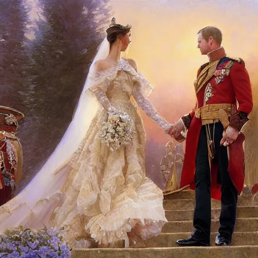 Prompt: the official painting of prince william and bella hadid's royal wedding, showing the skill of artists gaston bussiere, craig mullins, j. c. leyendecker 8 k, watercolor, royal painting, painting, traditional art, royal wedding