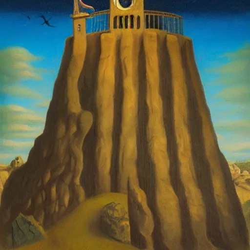 Image similar to the weird Wizard and his quest to topple the wicked tower, surrealist landscape painting