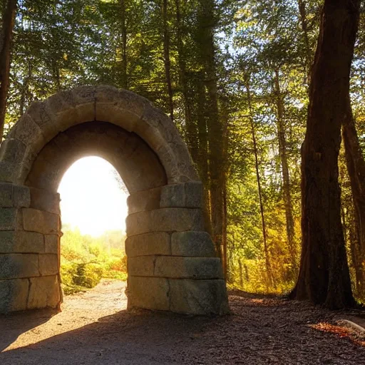 Image similar to woodland path golden hour wide angle. stone archway on the left. inside the archway is a portal to another land with bright sunlight and a seashore. a silhouette of a humanoid stands in the portal, highly textured, adventurous