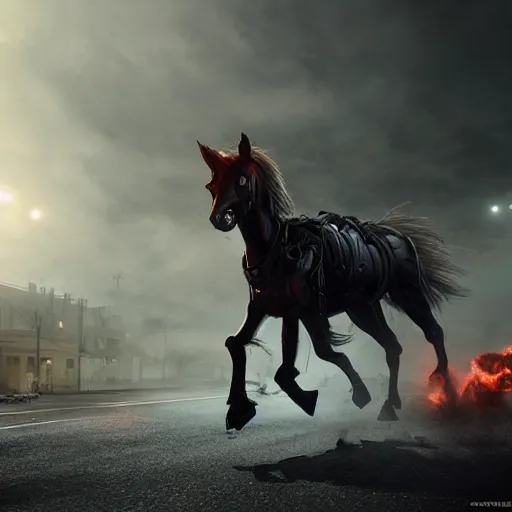 Image similar to apocalyptic, a terminator horse walking on the future street. smoke. volumetric lighting, sharp focus, ultra detailed, cgsociety - w 1 0 2 4 - n 8 - i