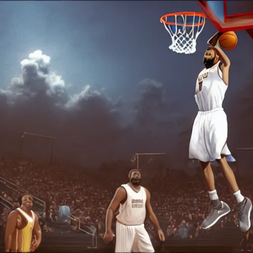 Image similar to Jesus dunking a basketball, hd