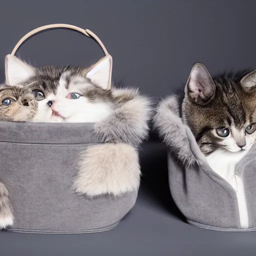 Prompt: lots of furry cats inside a big handbag, gray background, studio lighting, detailed photo, 4 k, 8 k