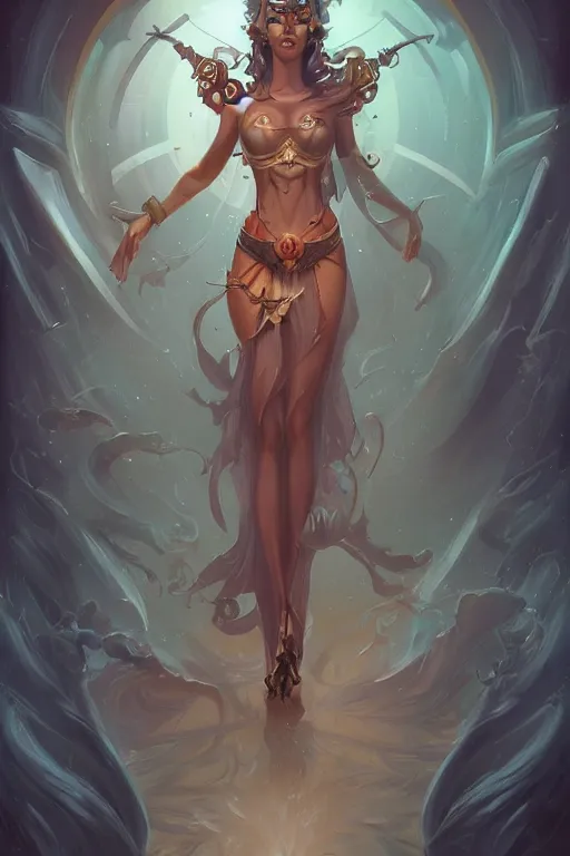 Prompt: beautiful mysterious goddess of time, character concept art, DeviantArt Artstation, by Brom and Peter Mohrbacher