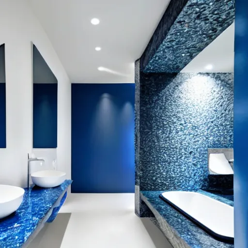 Prompt: a futuristic bathroom with walls and floor made of blue granite. There is a small swimming pool on the floor