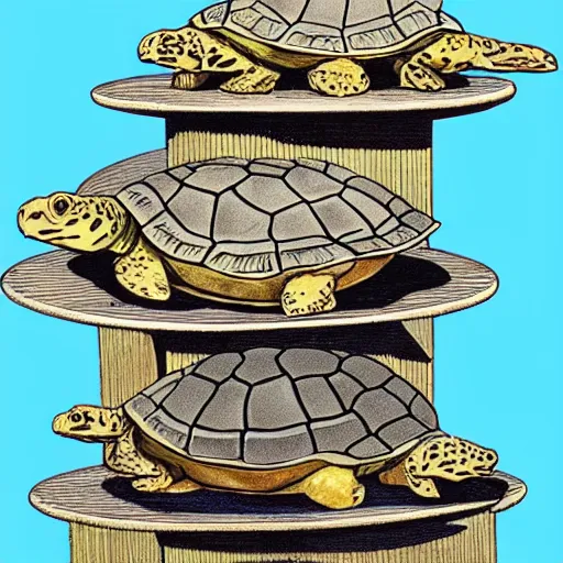 Prompt: a stack of turtles beneath a round disc map, turtle pile