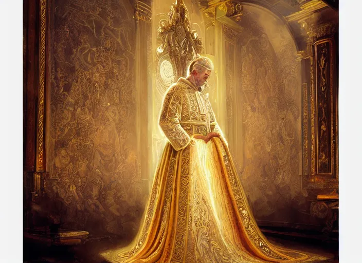 Prompt: kneeling before the pope, royal robe, gold trim, light effect, hyper detailed, intricate, atmospheric, elegant, photorealistic by paul lehr, marco mazzoni, featured on cgsociety, rococo, whimsical, artstation