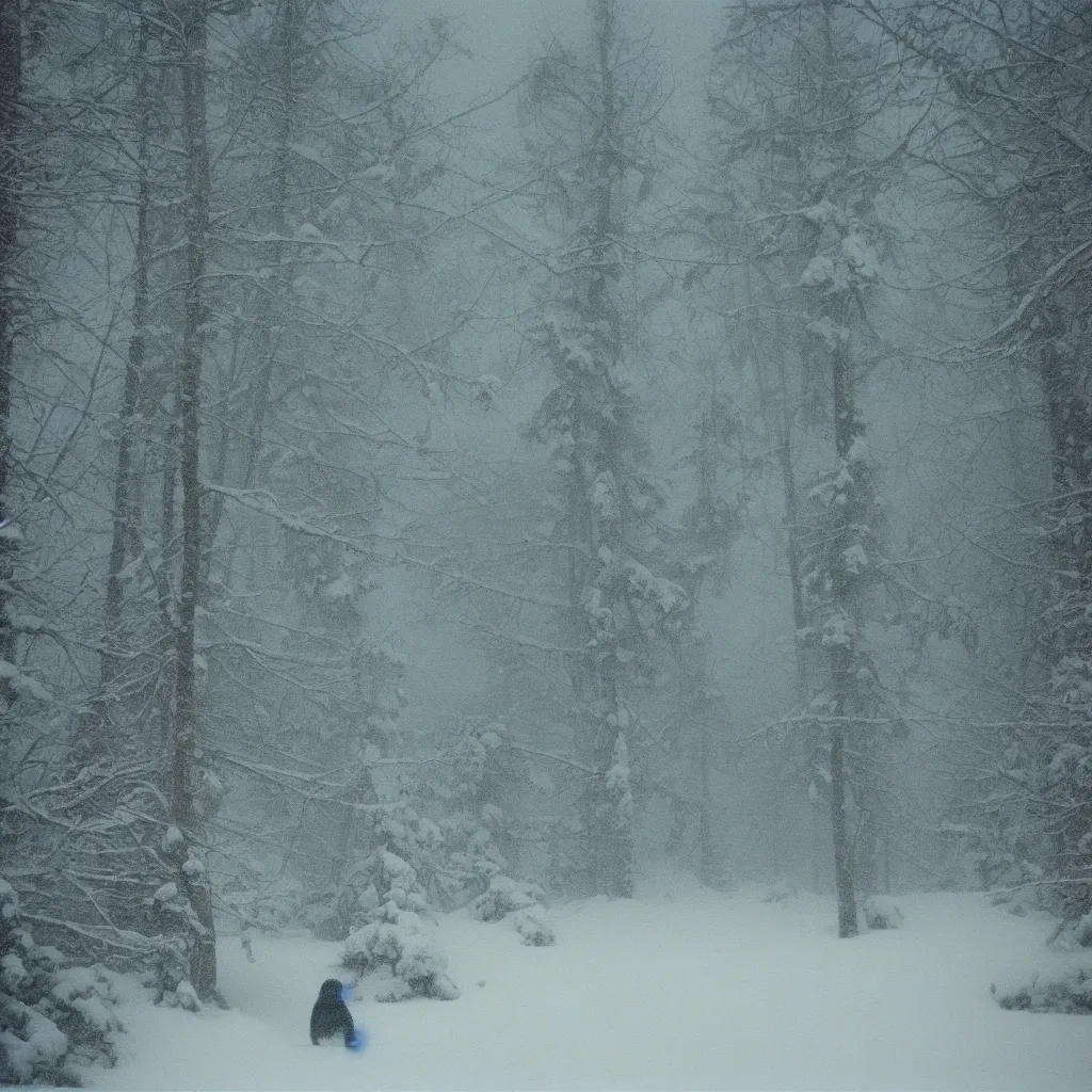 Image similar to photo, bigfoot is hiding in the background. cold color temperature, snow storm. hazy atmosphere. humidity haze. kodak ektachrome, greenish expired film, award winning, low contrast