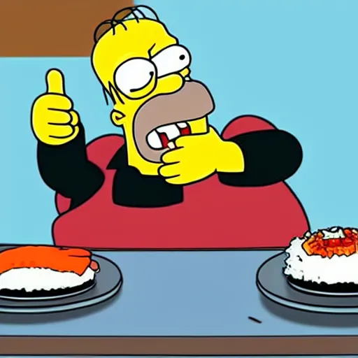 Prompt: homer simpson eating sushi, cartoon style.