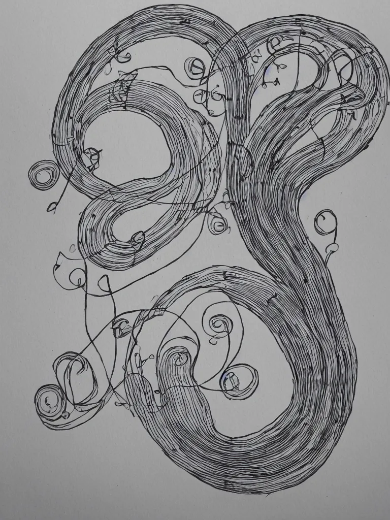 Image similar to single line drawing, acorn turns into a tree in shape of treble clef, two half drawing one with bursts of color, trending on art station, continuous line drawing, copic marker