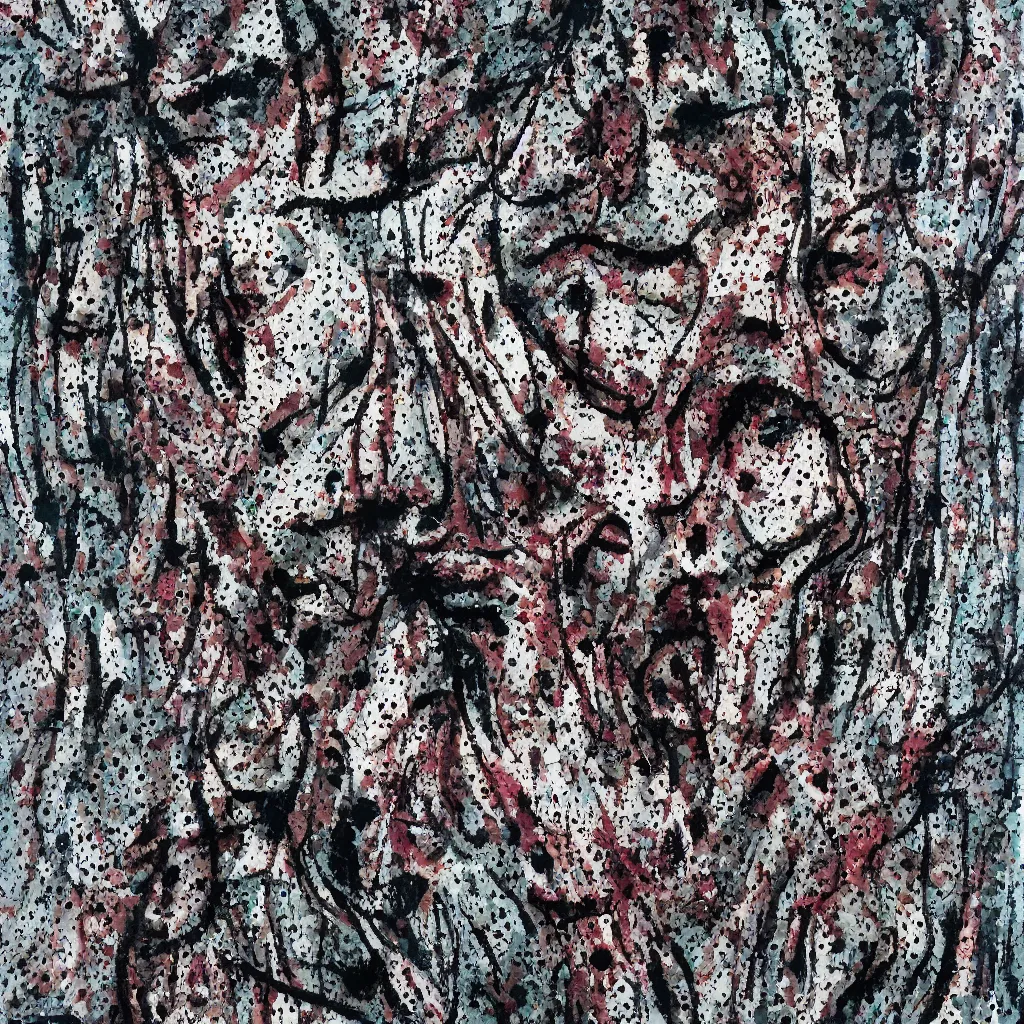 Image similar to camo made of teeth, smiling, abstract, francis bacon artwork, cryptic, dots, spots, stipple, lines, splotch, color tearing, pitch bending, faceless people, dark, ominious, eerie, hearts, minimal, points, technical, old painting