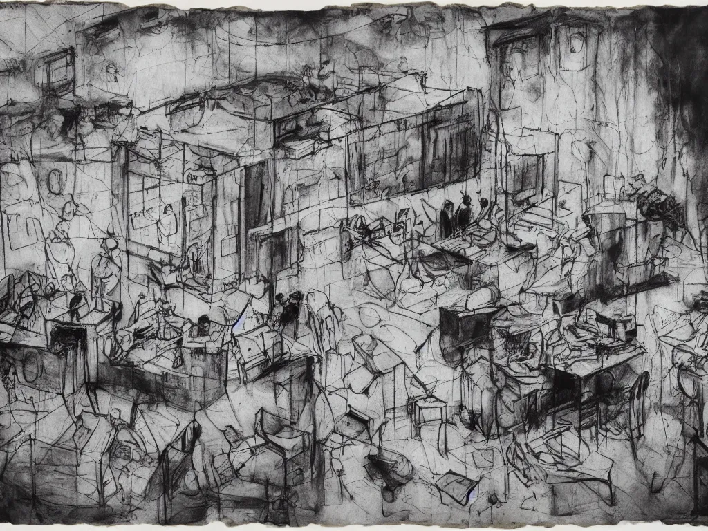 Prompt: “A spectral archive of an interrogation room in Guantanamo Bay detention center with military men and women facing, surrounding detainees, expressionist maleficent atmosphere, drawings on dirty walls, slack of papers, photographs hanging on a board, injustice, depredation, depravation, redacted, highly detailed, texturized, raw footage”