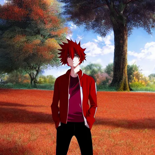 Image similar to red - haired anime boy, 1 7 - year - old anime boy with wild spiky hair, wearing red jacket, standing under tree house in city plaza,, ultra - realistic, sharp details, subsurface scattering, intricate details, hd anime, 2 0 1 9 anime