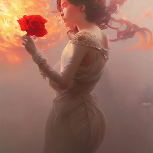 Image similar to a Rose on fire, fog, volumetric lighting, intricate, elegant, highly detailed, digital painting, artstation, concept art, smooth, sharp focus, illustration, art by artgerm and greg rutkowski and alphonse mucha