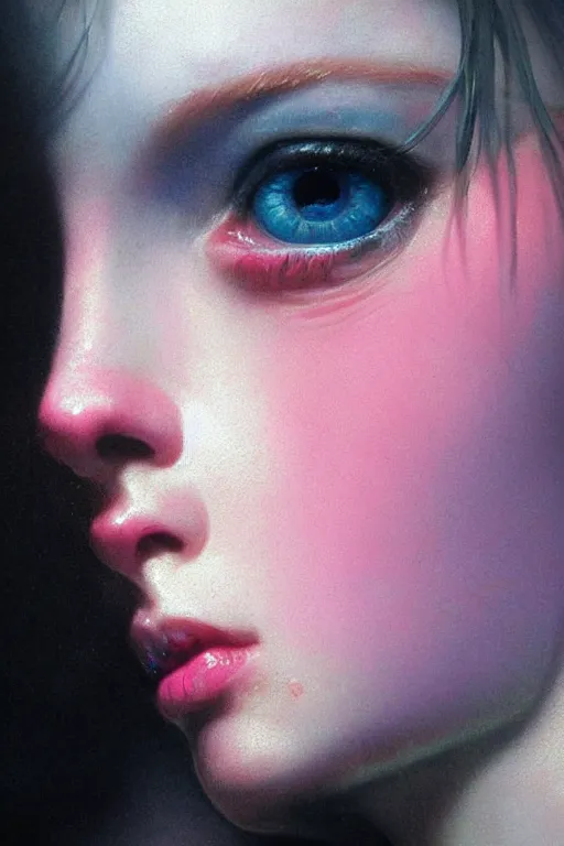 Image similar to close up on deep blue eyes crying, a very pale skinned girl, neon pink tears, dramatic lighting, highly detailed, intricate, sharp focus, subsurface scattering, art by caravaggio, greg rutkowski, thomas kindkade, ruan jia, norman rockwell, tom bagshaw.