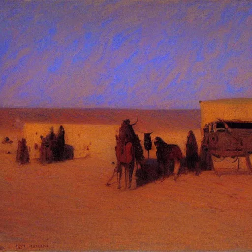 Prompt: timbuktu, by henry ossawa tanner, caravan, at sunrise