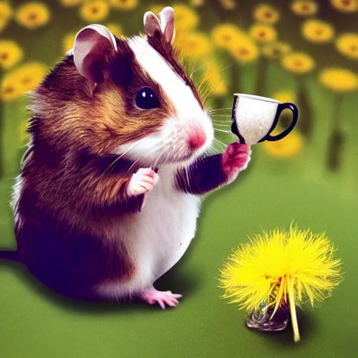 Image similar to steampunk hamster drinking tea sitting on a dandelion looking dapper in the sun