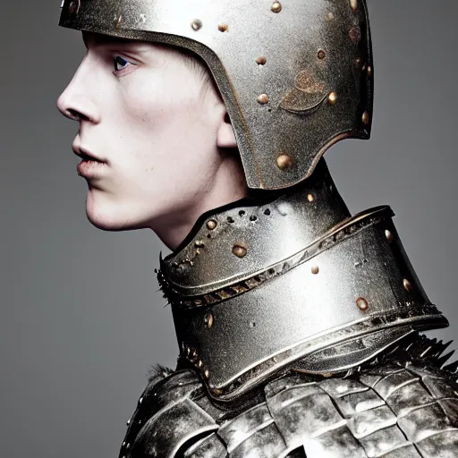 Image similar to a portrait of a beautiful young nordic male wearing an alexander mcqueen armor , photographed by andrew thomas huang, artistic