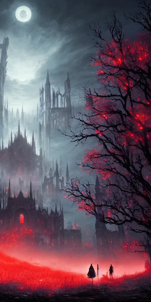 Image similar to abandoned bloodborne old valley with a obscure person at the centre and a ruined gothic city in the background, trees and stars in the background, falling red petals, epic red - orange moonlight, perfect lightning, wallpaper illustration by niko delort and kentaro miura, 4 k, ultra realistic