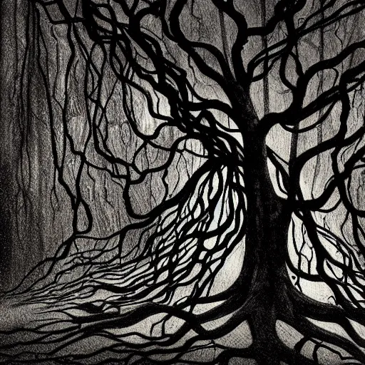 Prompt: award - winning painting of pitch black, tar - like, shadow roots with lots of tendrils spreading everywhere, intricate detail, deep black roots, infestation, shadowy, lovecraftian, beksinksi, black and white, chiaroscuro, myzelium