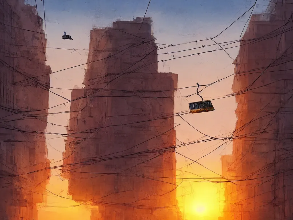 Prompt: streets of kolkata, sunset, airship in the sky over tram, train on road, clear skies in the distance, hyperreal, artstation