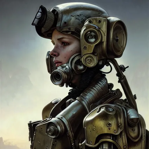 Image similar to portrait painting of a post - apocalyptic blonde soldier wearing dieselpunk power armor, ultra realistic, concept art, intricate details, eerie, highly detailed, photorealistic, octane render, 8 k, unreal engine. art by artgerm and greg rutkowski and charlie bowater and magali villeneuve and alphonse mucha