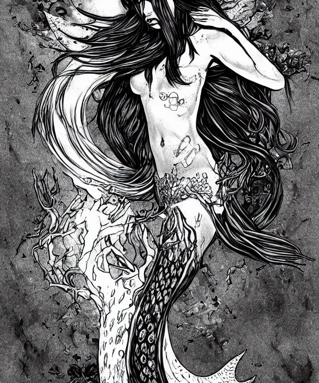 Image similar to black and white illustration, creative design, dark fantasy, mermaid, full body