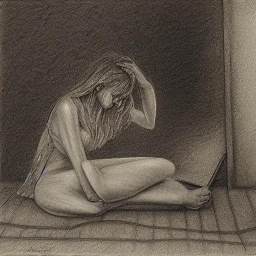 Image similar to highly detailed charcoal drawing of woman sitting on the carpeted floor beside a bed, working on her laptop by aron wiesenfeld