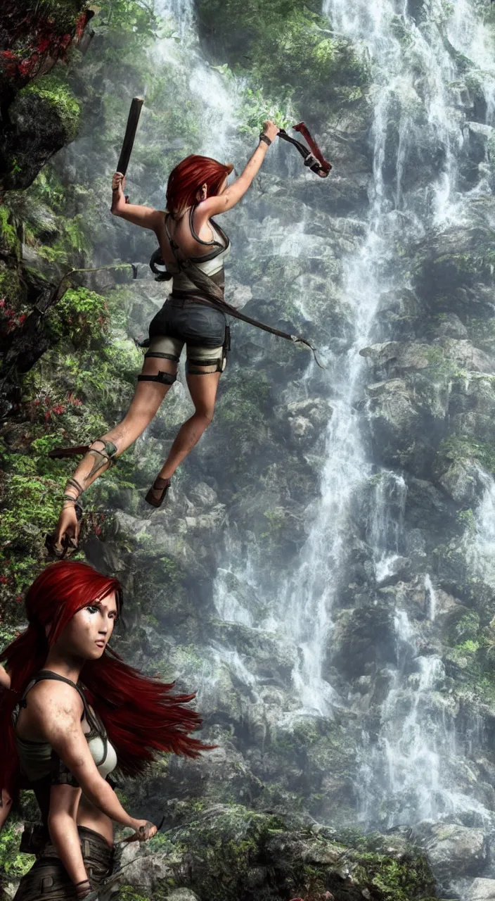 Image similar to tomb raider with red hair in front of a waterfall